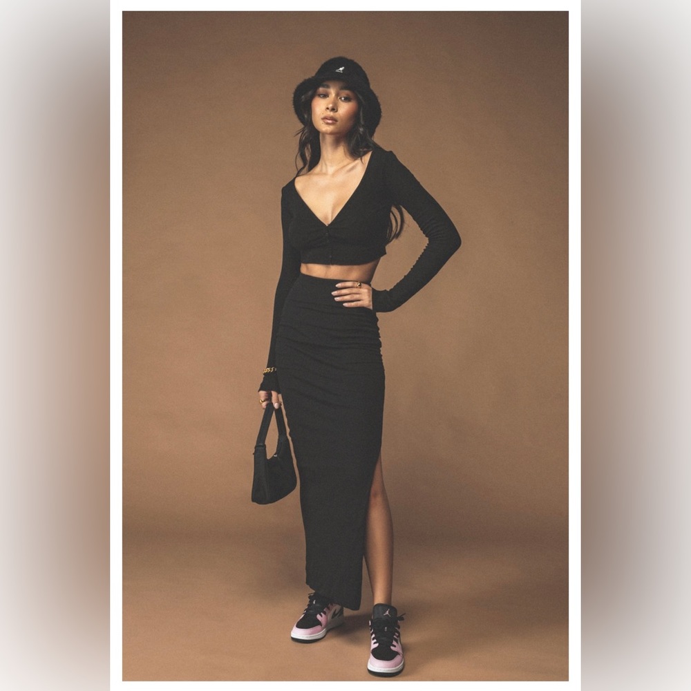 Staple & Hue Black XS Ivy Cardi Arlo Skirt Set Cropped Cardigan Side Slit Skirt